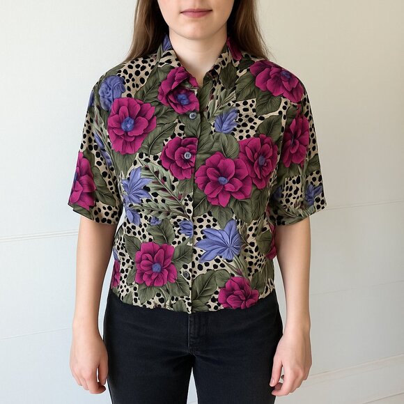 Vintage Separate Issue Floral Leopard Button-Down Shirt – 80s/90s Bold Print - Picture 1 of 10